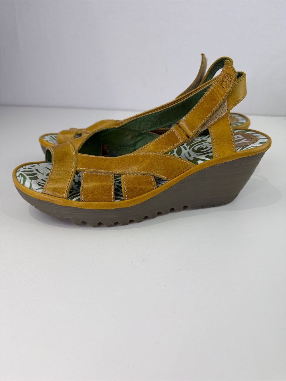 Fly London Mustard Yellow Yisa Leather Wedge Sandals - Picture 4 of 10